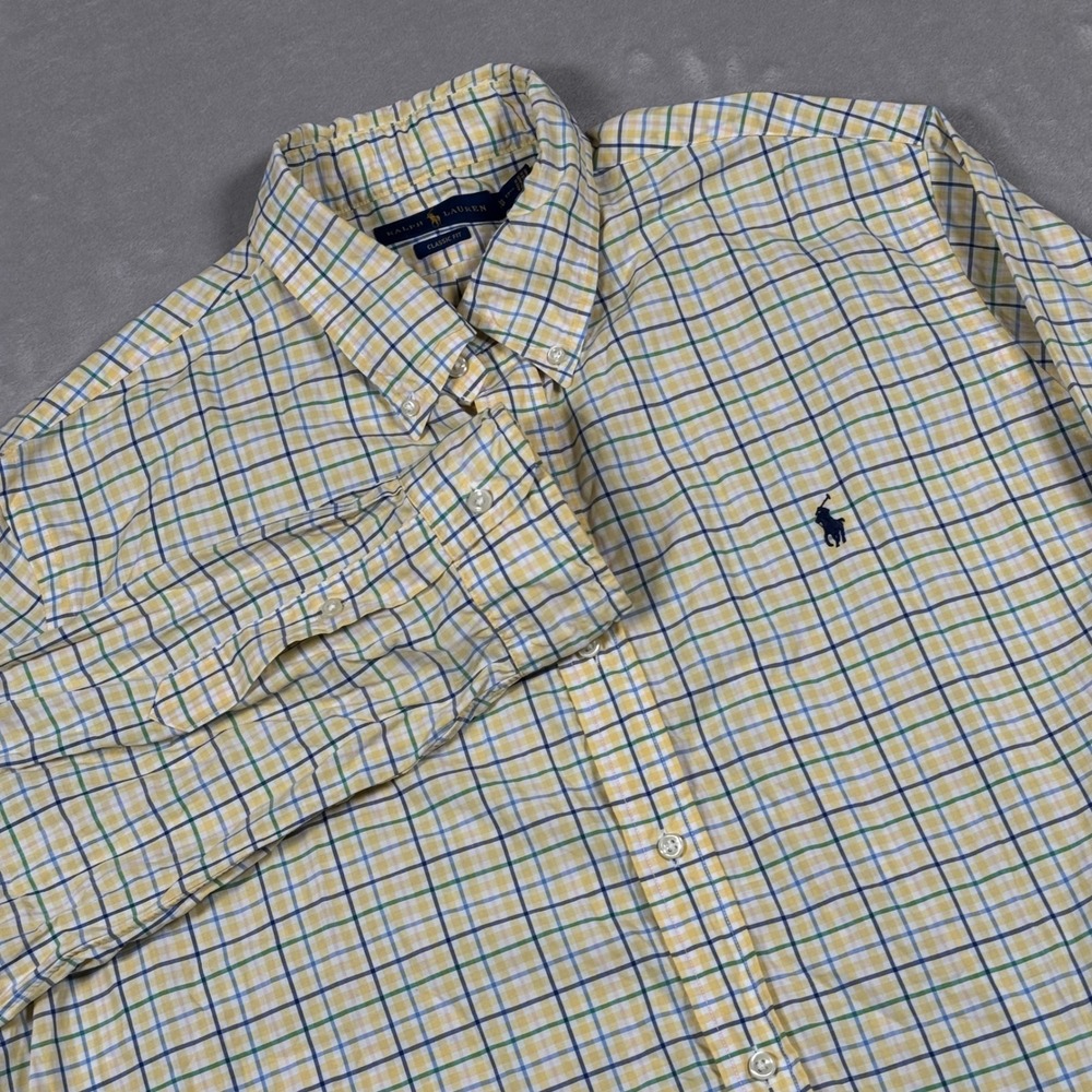 Ralph Lauren Button Down Shirt Mens XL Yellow Plaid Classic Fit Long Sleeve
